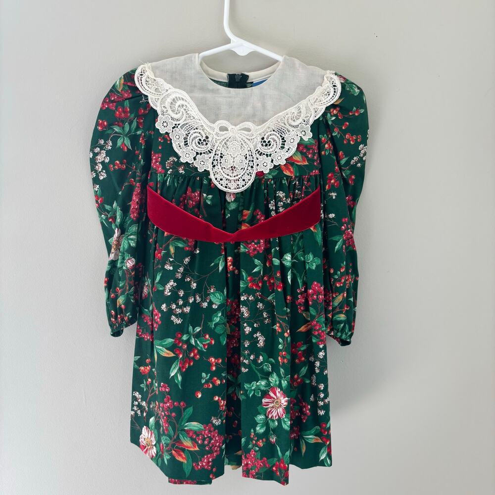 VTG Ruth of Carolina Girls 2T Christmas Dress Floral Lace Cottagecore USA Made